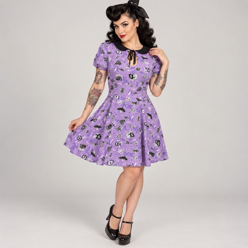 Hell Bunny Elspeth Mini Dress M • Halloween Lavender Gothcore Pinup Rockabilly